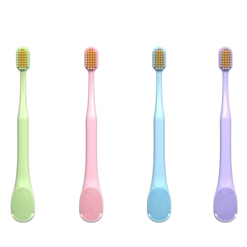 HANNEA Soft Bristle Adult Teethbrushes 3 In 1 Toothbrush Dental Brush with Double Sided Tongue Scraper Soft Rubber Gum Massager, Pack of 4 HANNEA Soft Bristle Adult Teethbrushes 3 In 1 Toothbrush Dental Brush with Double Sided Tongue Scraper Soft Rubber Gum Massager, Pack of 4